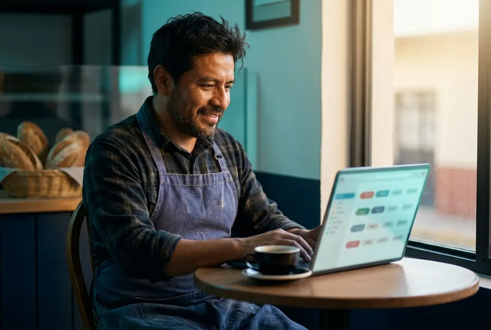 Dueño de una panadería revisando su lista de prospectos en la laptop por la mañana