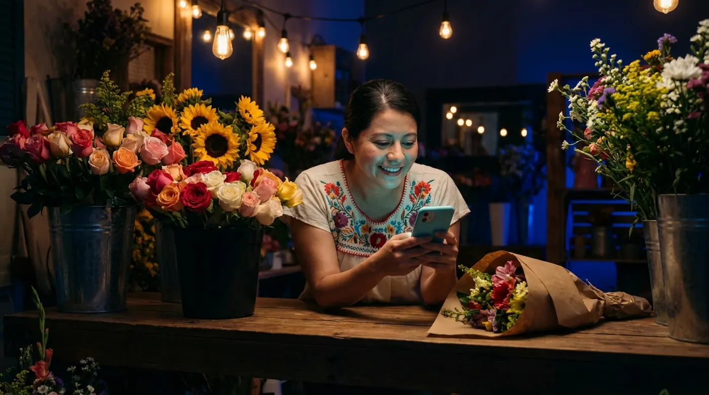 Dueña de una florería sonriendo mientras revisa su teléfono en el mostrador